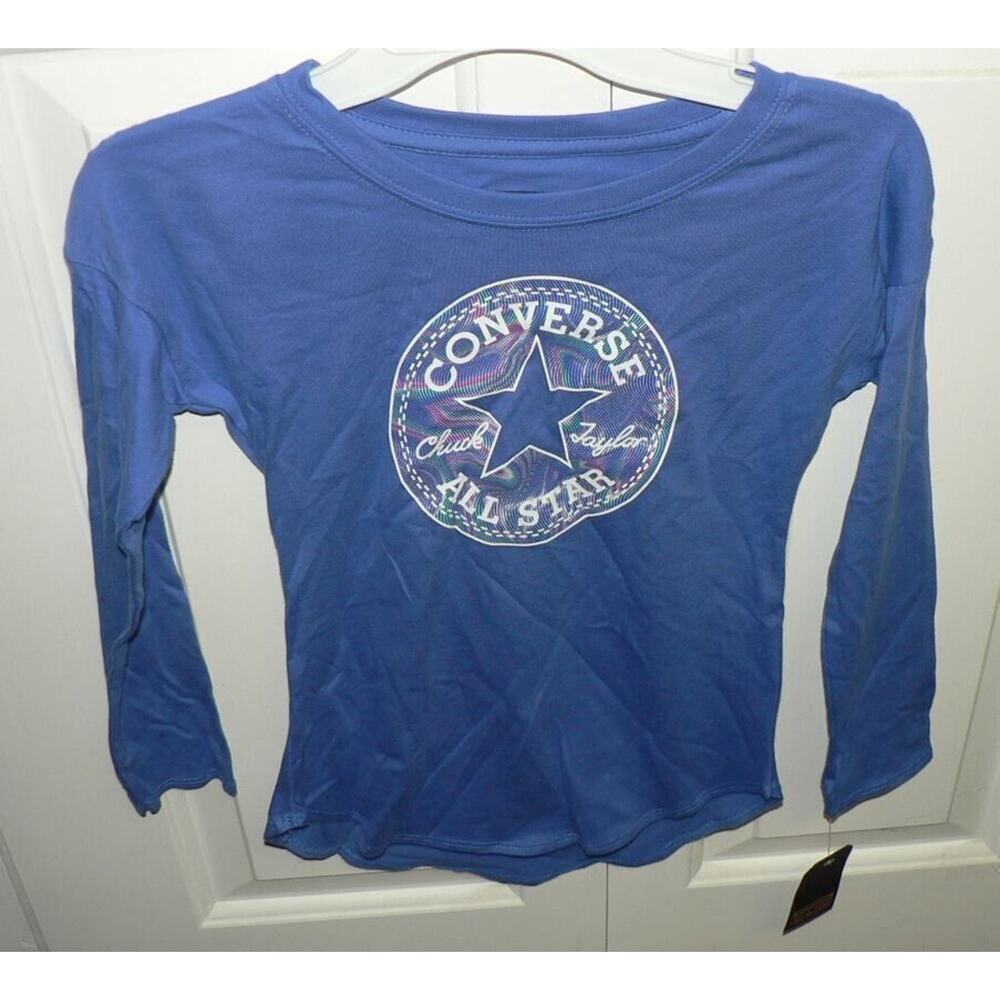 Converse Girls High Low Dolman Sleeve Tee Chuck Taylor Rainbow Patch Oxygen Blue